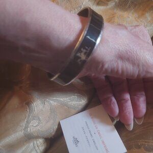 HERMES ENAMEL BANGLE BRACELET BLACK GOLD HORSE CARRIAGE